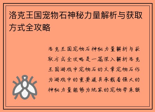 洛克王国宠物石神秘力量解析与获取方式全攻略