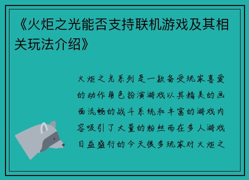 《火炬之光能否支持联机游戏及其相关玩法介绍》